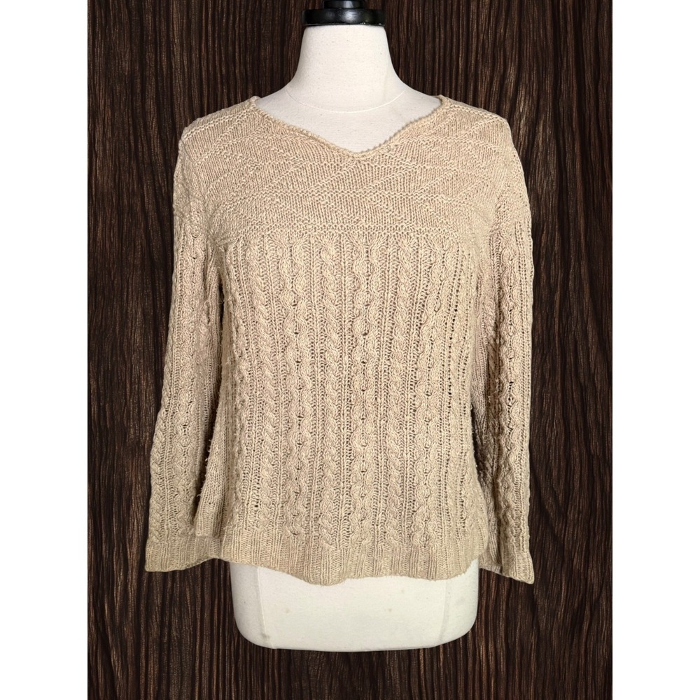 Territory Ahead Linen Blend Cable Knit Sweater Sz M Womens Oatmeal Minimalist